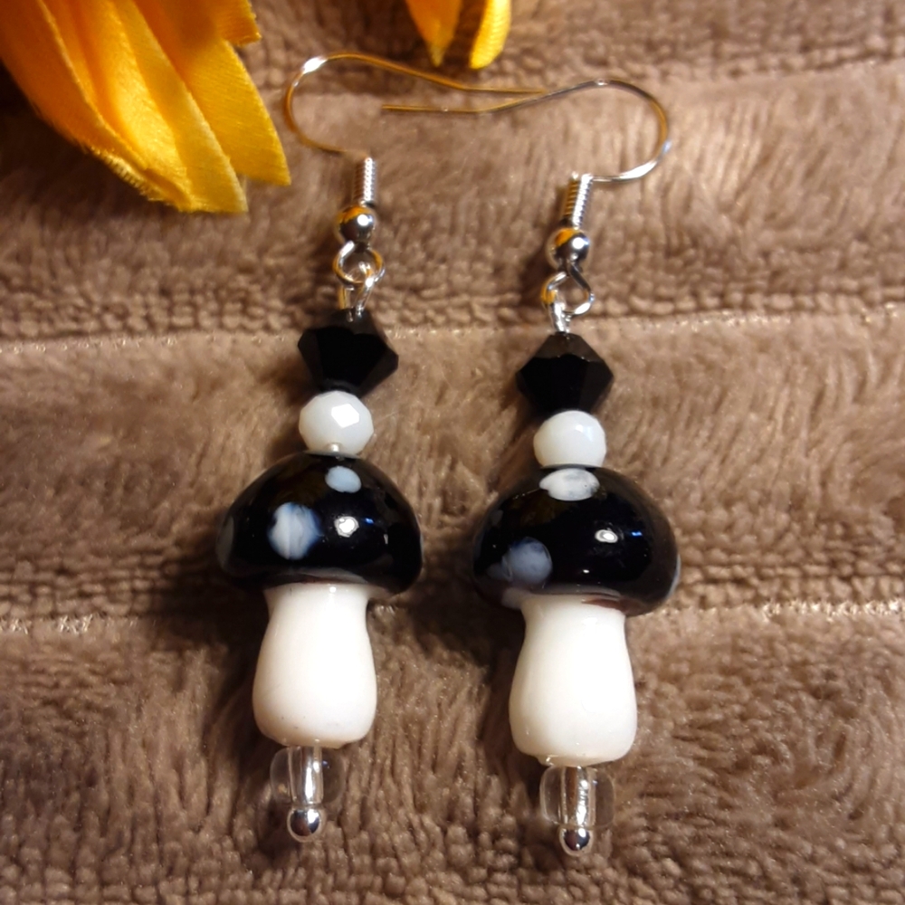 Handmade Artisan Lampworks Glass Beads Mushroom,Cottagecore, Fairycore Earrings
